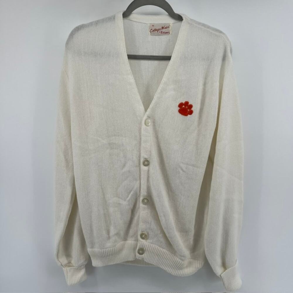 VTG 70s College Wear Clemson Cardigan Sweater Adult M Cream Acrylic Preppy USA